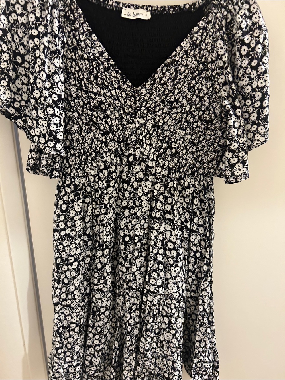 Black and White Floral Midi Dress with Smocked Bodice